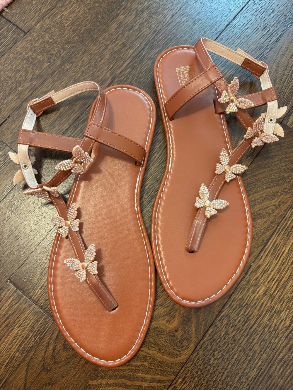 Beaded Butterfly T-Strap Brown Women's Sandals